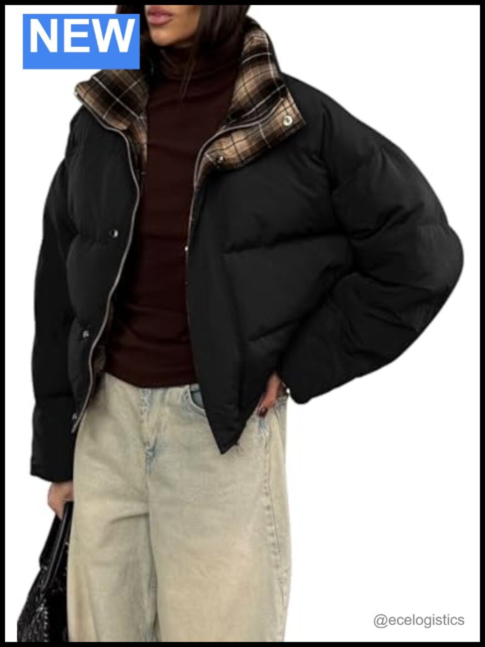 Women's Quilted Puffer Jacket Zip Up Stand Collar Cropped Winter Coat